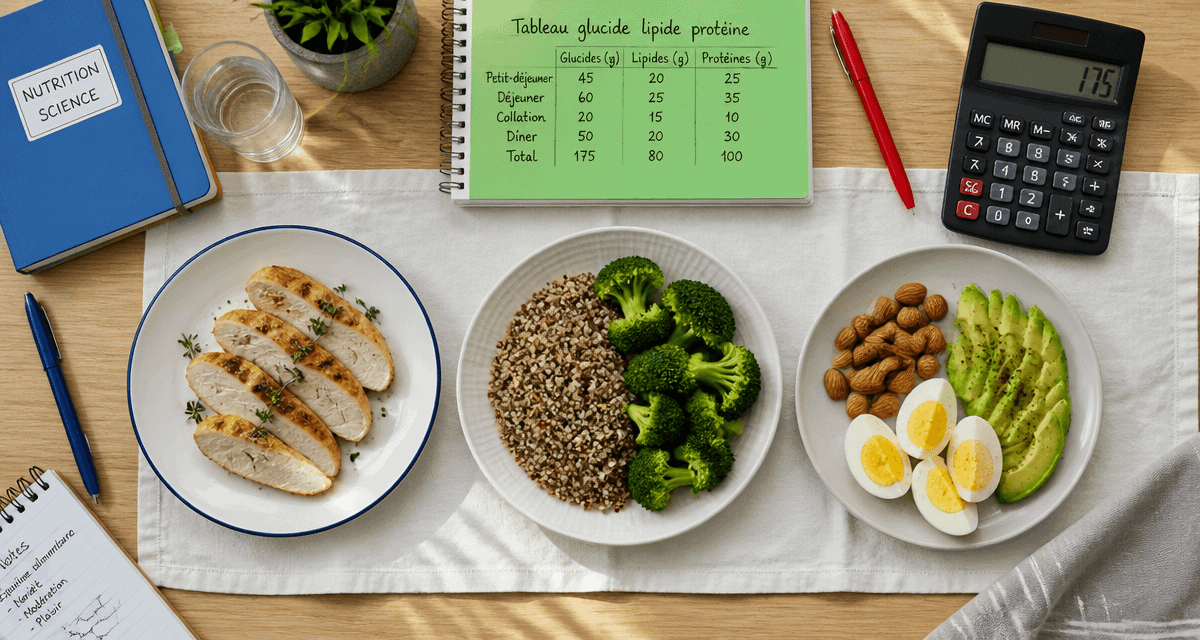 Tableau glucide lipide proteine avec assiettes aliments