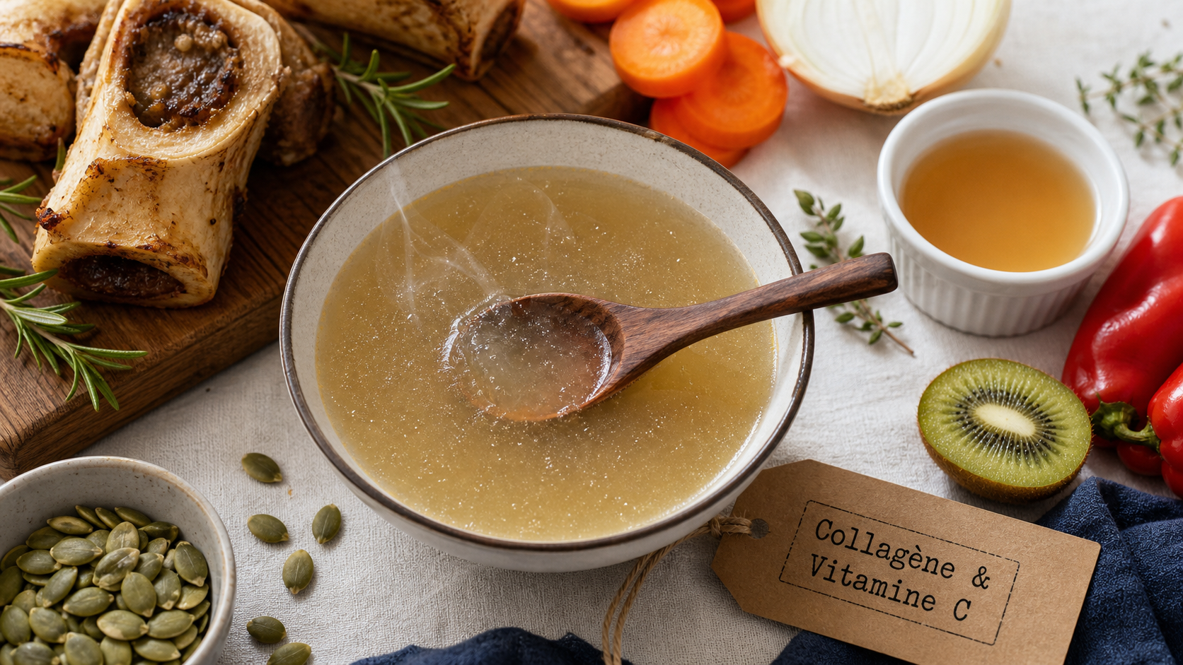 Aliment riche en collagene : bouillon d’os et vitamine C