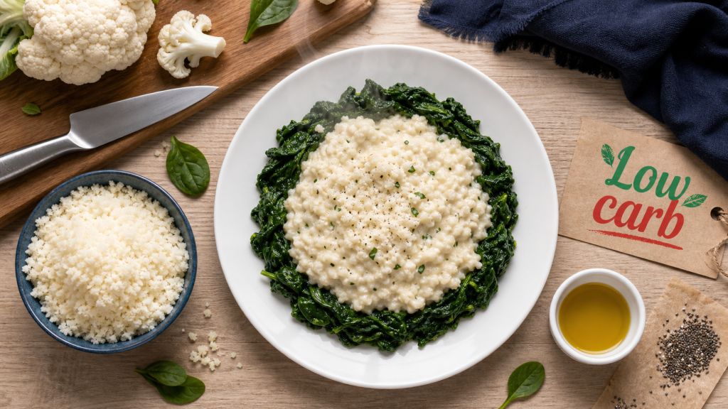Aliments pauvre en glucide : risotto de chou-fleur low carb, chia et épinards sautés