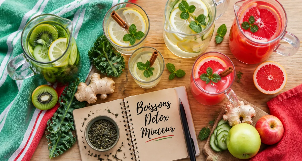Boisson detox pour maigrir, carafes et ingrédients frais