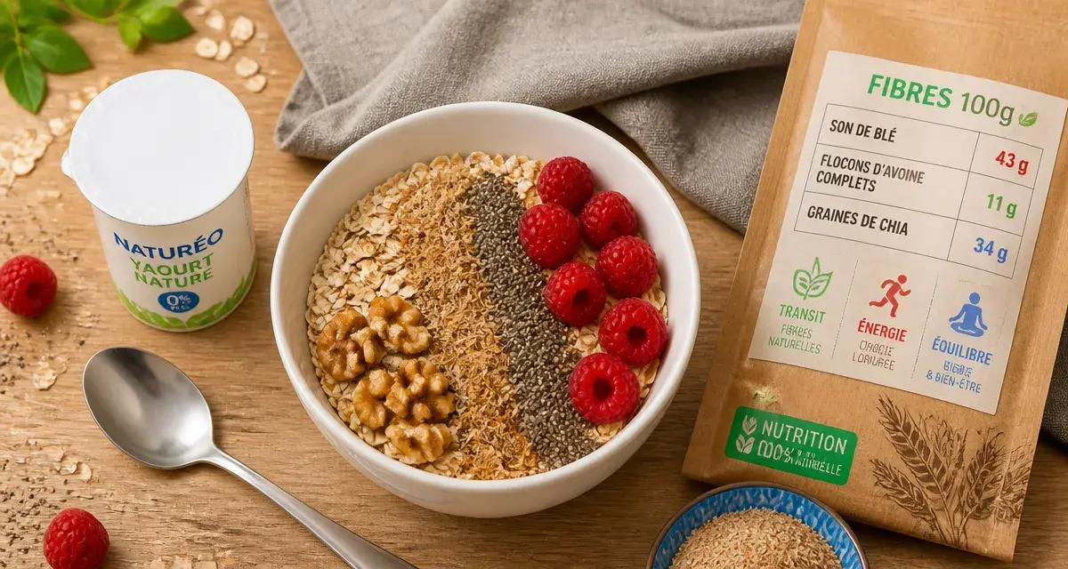 cereale riche en fibre : bol avoine, son de ble, chia, noix et framboises