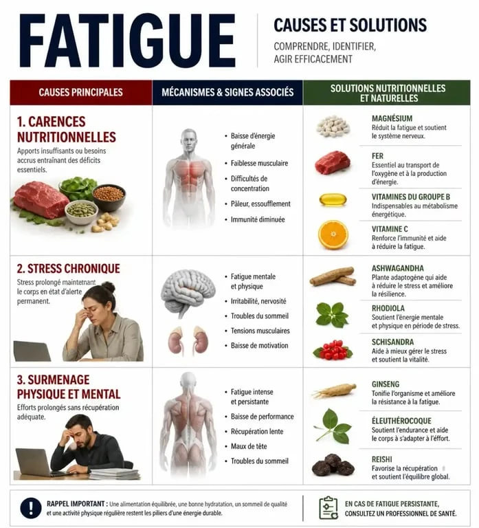 Infographie sur les solutions et médicaments contre la fatigue : carences, vitamines et magnésium