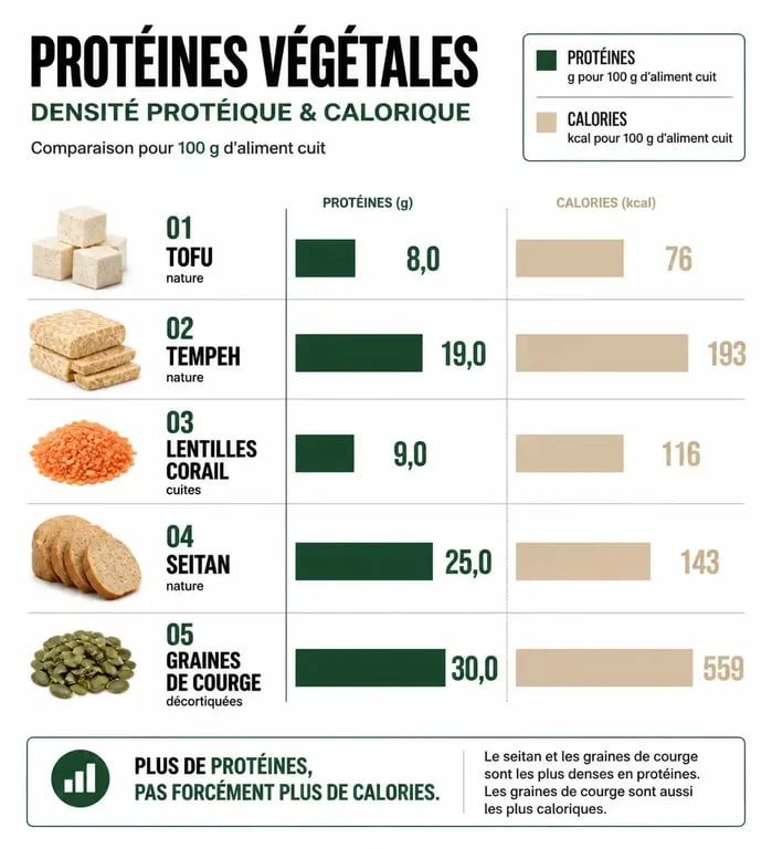 Comparatif des protéines végétales pour maigrir : densité nutritionnelle et calories par 100g