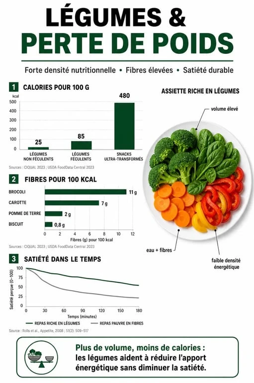 Infographie des légumes pour maigrir vite : bienfaits nutritionnels et mécanismes de satiété
