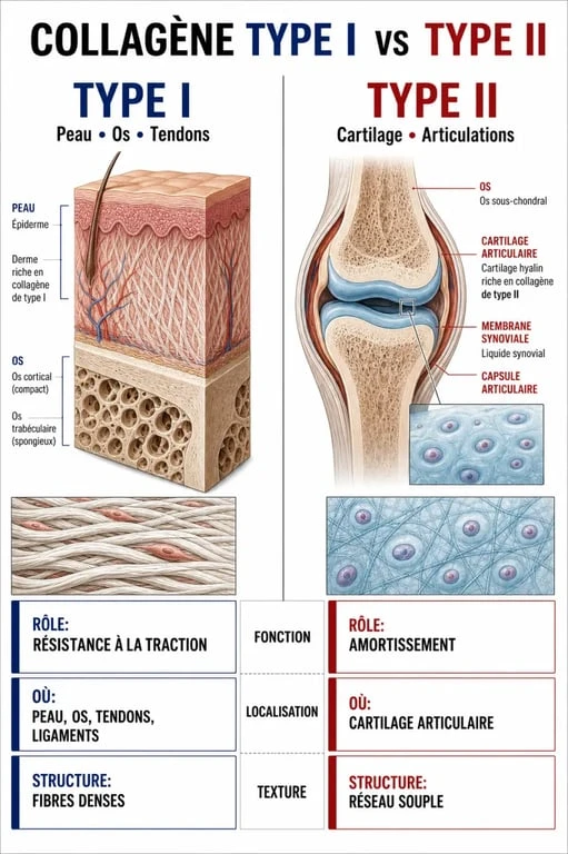 Infographie comparative collagène type 1 et type 2 pour la peau et les articulations