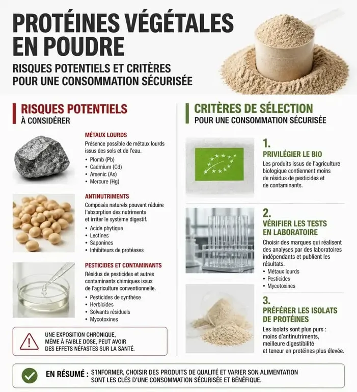 Infographie sur les risques et critères de sécurité des protéines végétales en poudre