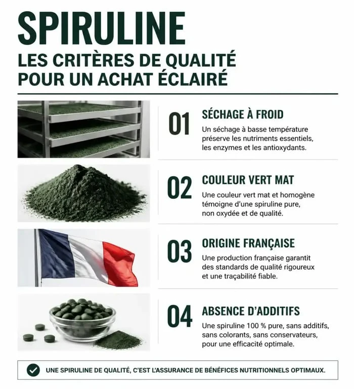 Infographie des critères de qualité pour savoir où acheter la spiruline et comment choisir un produit sain.