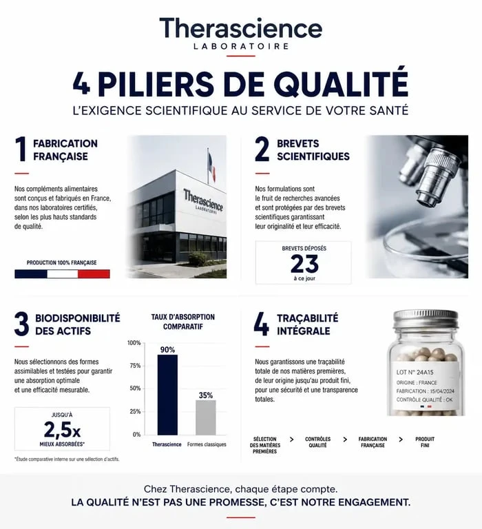 Infographie sur la qualité et l'expertise scientifique des compléments alimentaires Therascience avis