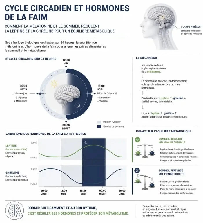 Infographie sur le lien entre mélatonine, sommeil et régulation du poids corporel