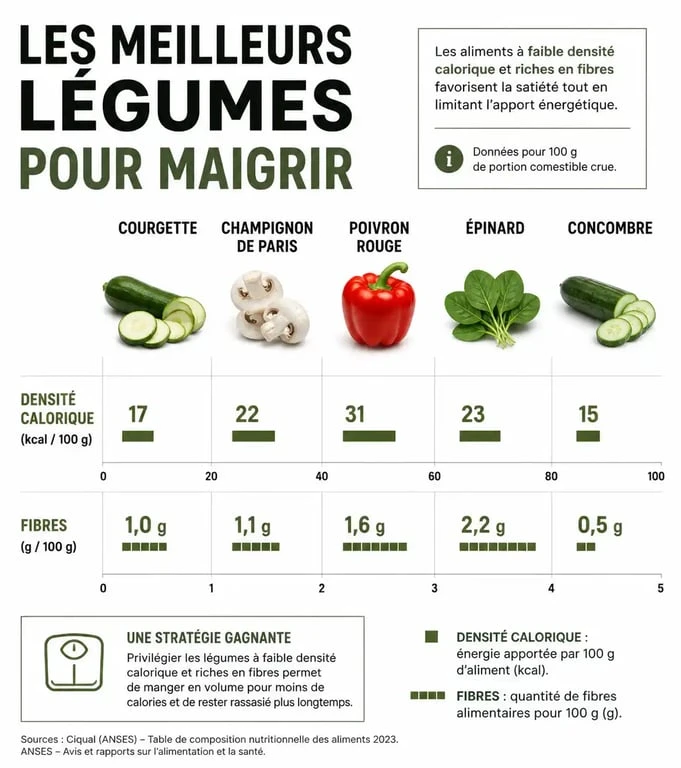 Infographie des meilleurs légumes pour maigrir : comparaison des calories et fibres pour une perte de poids efficace.