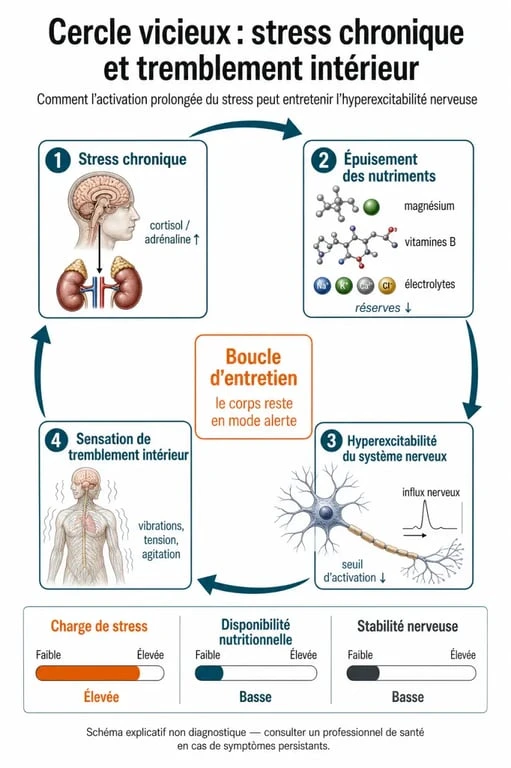 Schéma explicatif du mécanisme physiologique des tremblements intérieurs du corps liés à la fatigue et au stress