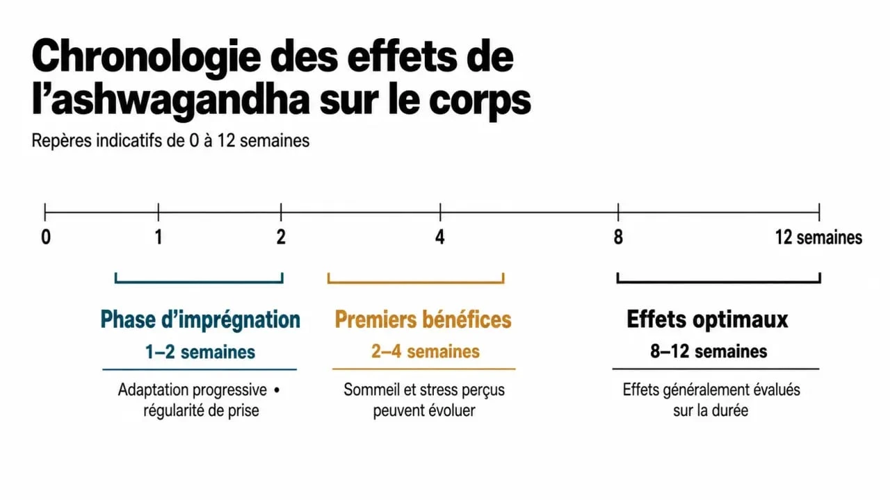 Infographie montrant le délai d'action de l'ashwagandha pour ressentir ses effets sur le stress et le sommeil.