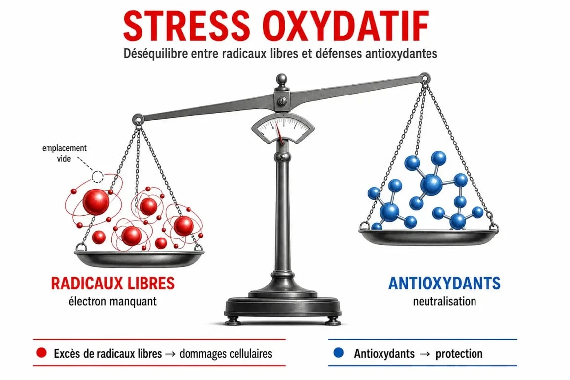 Schéma explicatif du stress oxydatif et de l'équilibre entre radicaux libres et antioxydants