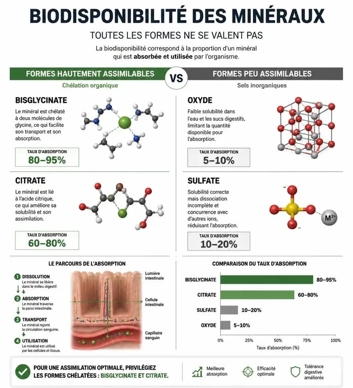 Infographie sur la biodisponibilité des multi vitamines et minéraux : formes assimilables vs formes à éviter.