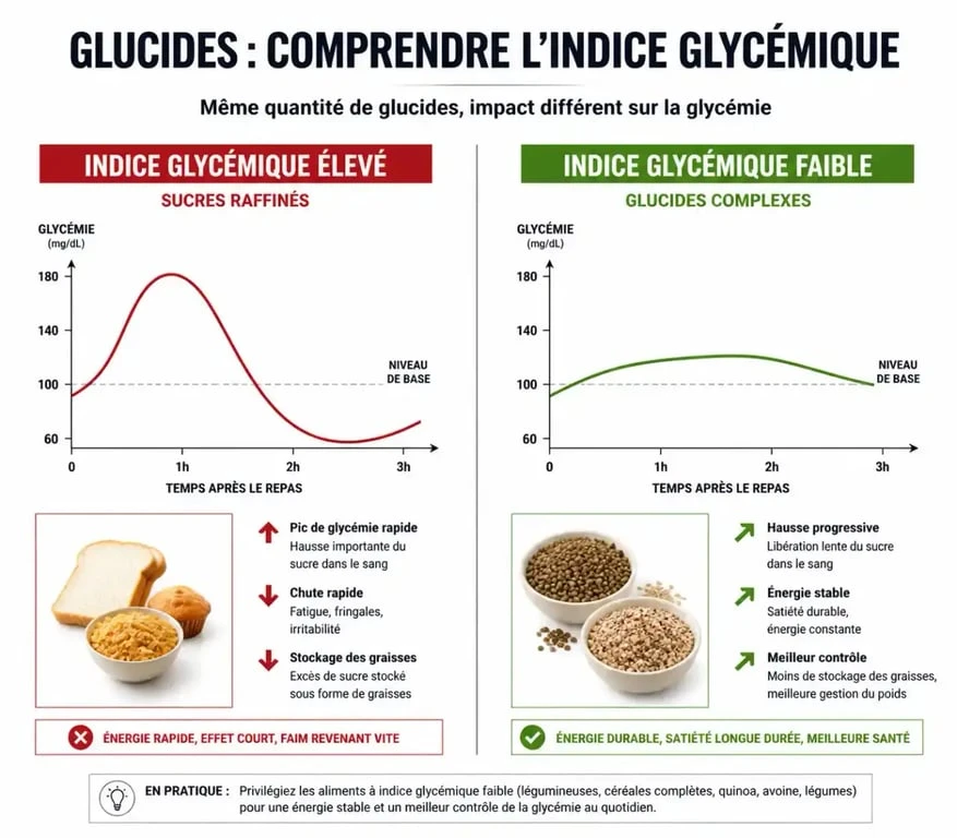 Infographie sur les bons glucides pour maigrir : comparaison de l'indice glycémique et de l'impact sur la glycémie