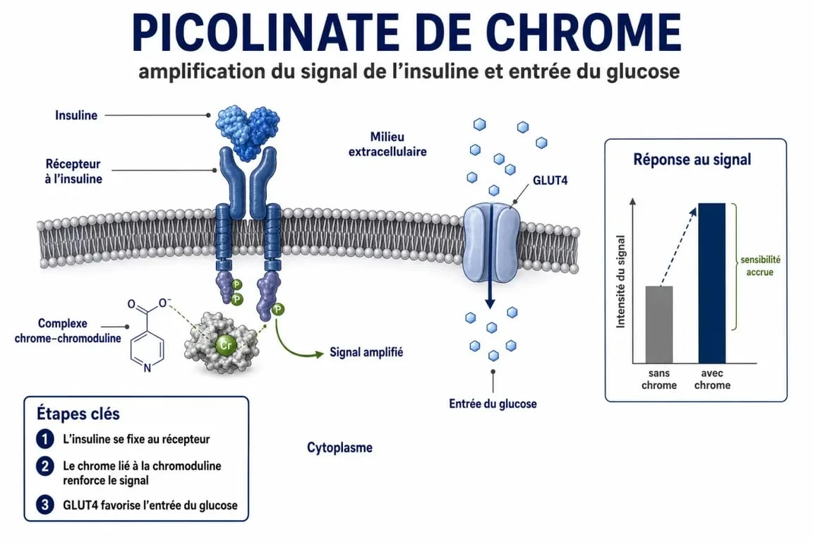 Schéma du mécanisme d'action du chromium picolinate sur la sensibilité à l'insuline et le métabolisme du glucose