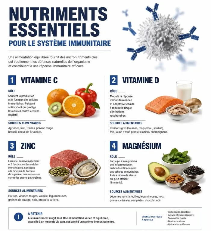 Infographie sur les nutriments essentiels pour renforcer le système immunitaire et comment ne pas tomber malade