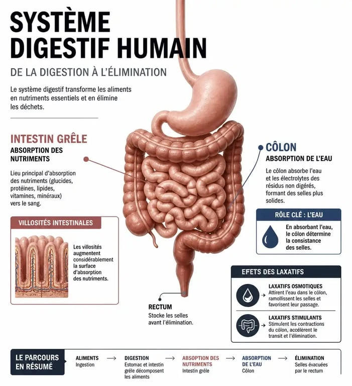 Schéma explicatif des effets des laxatifs sur le système digestif et la perte de poids