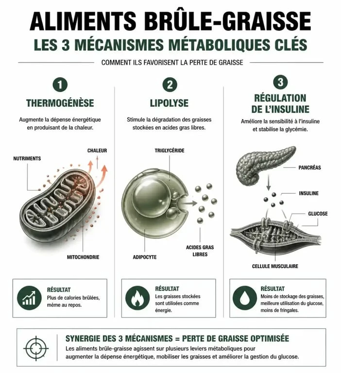 Infographie expliquant les mécanismes des aliments brûle-graisse sur le métabolisme