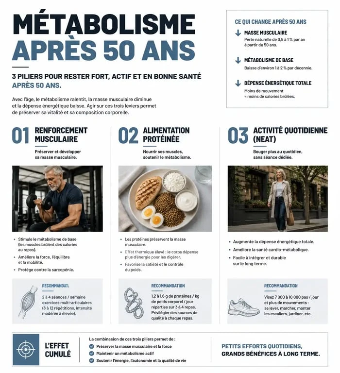 Infographie sur comment augmenter son métabolisme après 50 ans : rôle du muscle, des protéines et du mouvement quotidien.