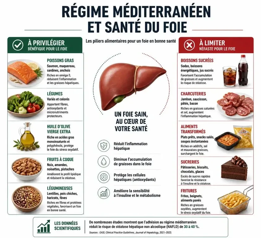 Infographie sur le régime pour le foie gras et les aliments à privilégier pour la santé hépatique