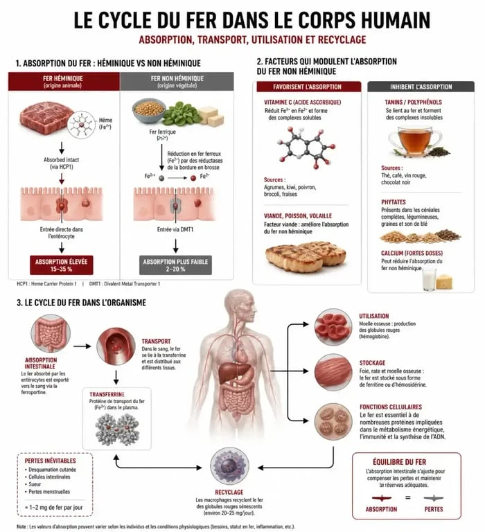 Infographie sur le rôle et l'absorption du fer dans l'organisme pour comprendre à quoi sert le fer