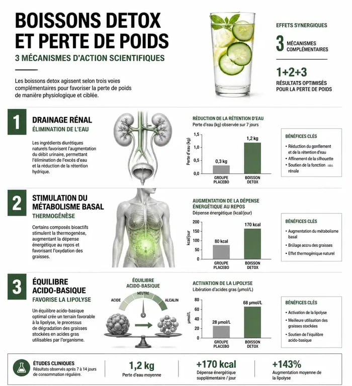 Infographie expliquant les mécanismes physiologiques des boissons detox pour maigrir et leur action sur le métabolisme et le drainage.