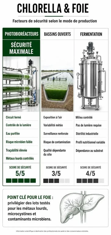 Infographie sur la sécurité de la chlorella pour le foie et les méthodes de production
