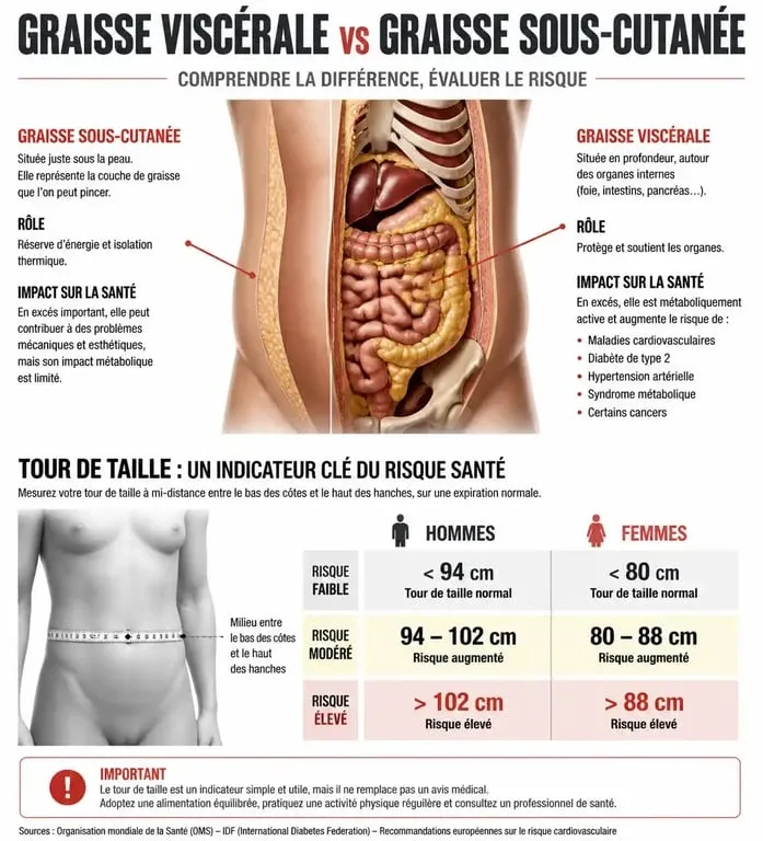 Infographie sur la graisse viscérale et les seuils de risque pour perdre son tour de taille