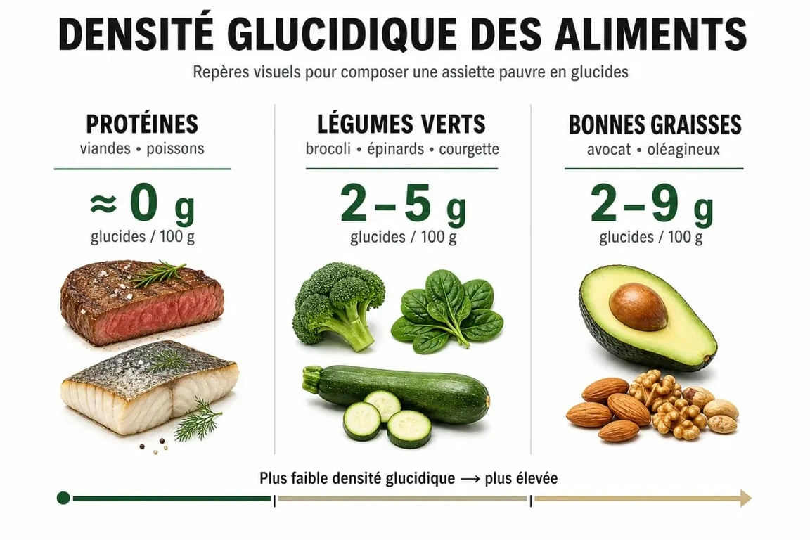 Infographie des aliments pauvres en glucides classés par catégories nutritionnelles