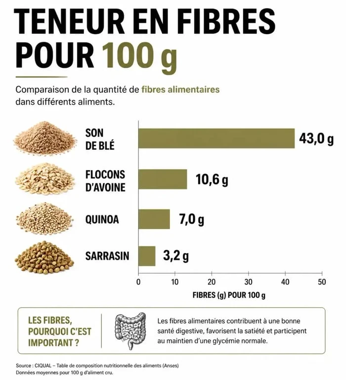 Infographie comparative de la teneur en fibres des céréales riches en fibres pour une alimentation équilibrée