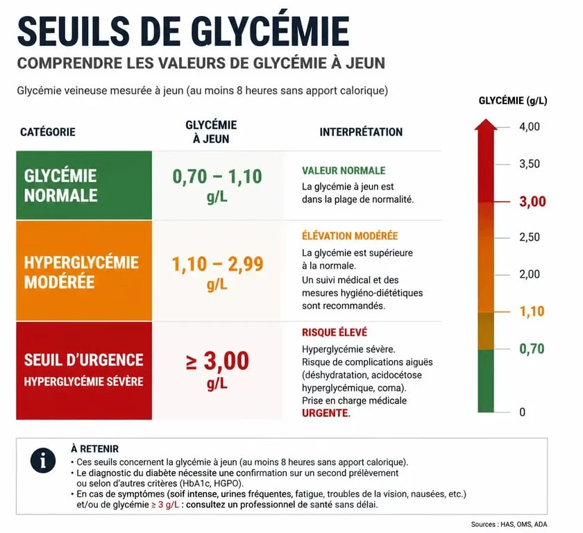 Infographie des seuils de glycémie et conduite à tenir en cas de glycémie à 3 g/L
