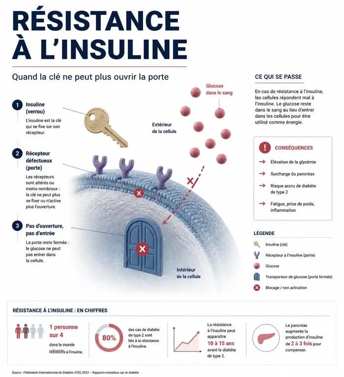 Schéma explicatif du mécanisme de la résistance à l'insuline et ses effets sur le métabolisme du glucose.