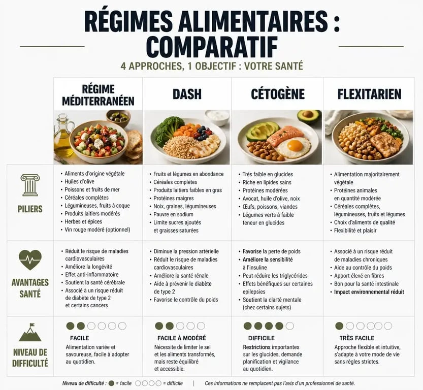 Infographie comparative du meilleur régime pour perdre du poids : méditerranéen, DASH, cétogène et flexitarien.