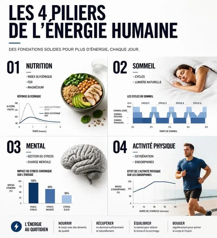 Infographie sur les causes et solutions du manque d'énergie et de la fatigue chronique