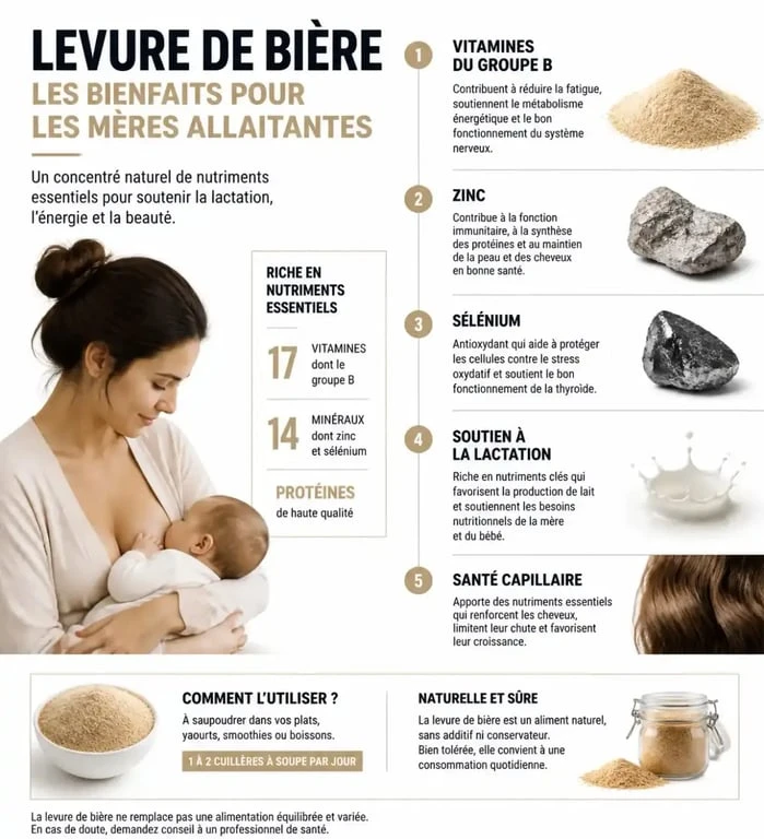 Infographie sur les bienfaits et nutriments de la levure de bière pour l'allaitement et la santé maternelle