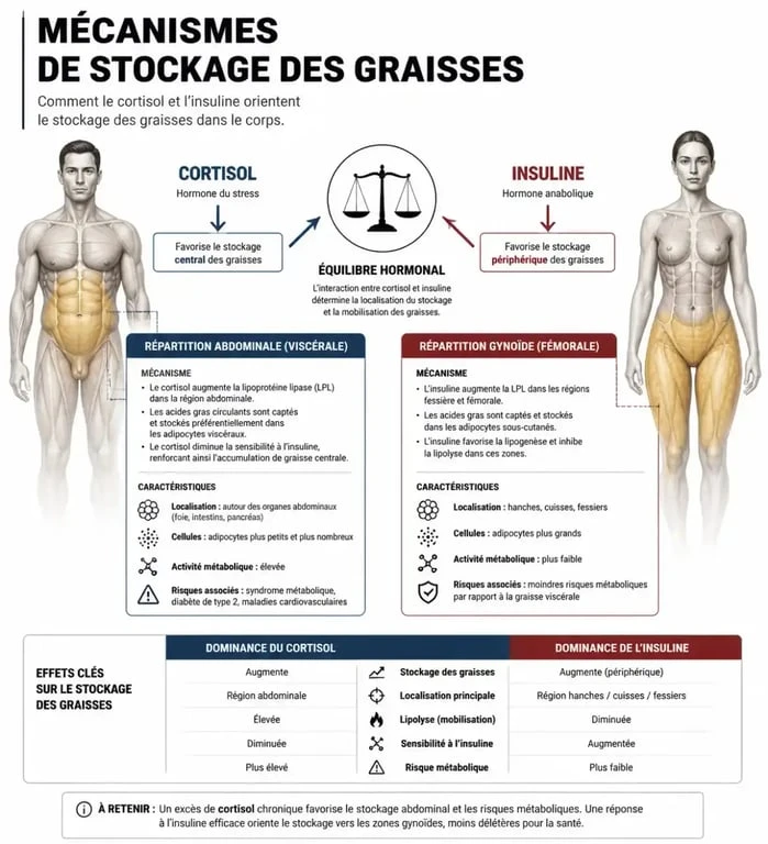 Infographie expliquant les causes du stockage de graisse au niveau du ventre et des hanches