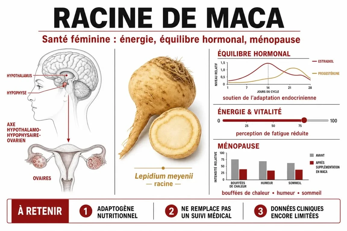 Infographie des bienfaits de la maca pour la femme : équilibre hormonal et santé