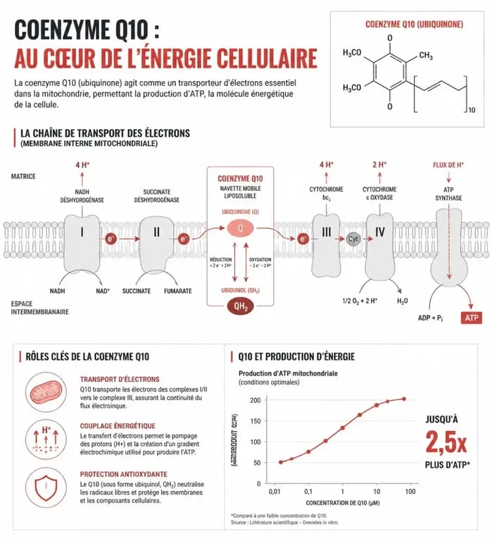 Schéma explicatif du rôle de la coenzyme Q10 dans la production d'énergie cellulaire et la protection antioxydante