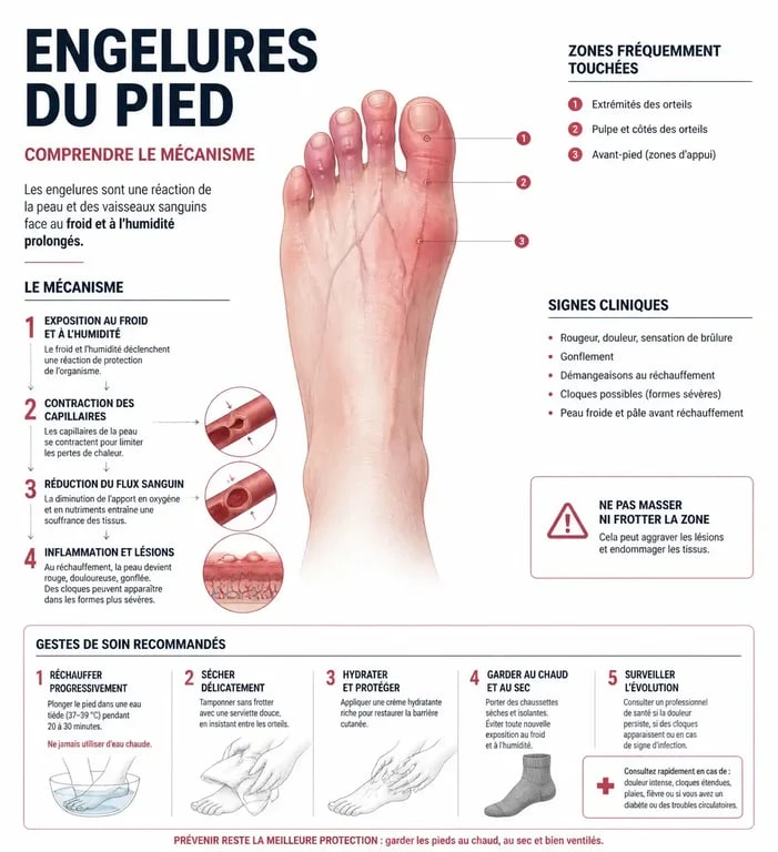 Infographie explicative sur les causes des engelures aux pieds et les remèdes naturels de grand-mère pour soulager l'inflammation.
