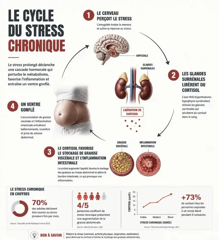 Schéma explicatif du lien entre taux de cortisol élevé et ventre gonflé