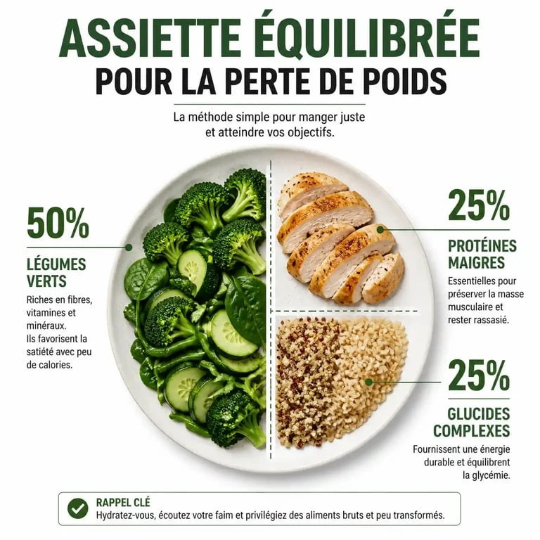 Composition d'une assiette idéale pour perdre du poids avec des légumes, des protéines et des glucides complexes