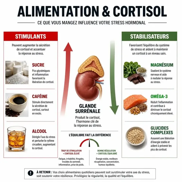 Infographie sur l'impact des aliments sur le cortisol et le stress
