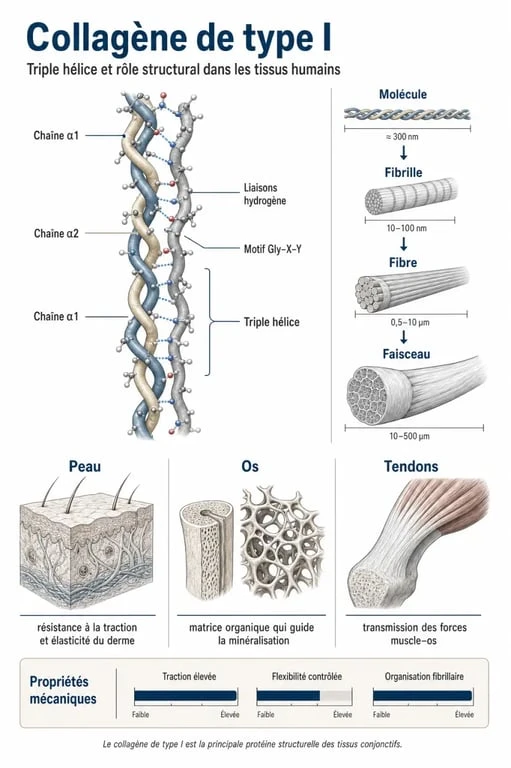 Schéma scientifique expliquant le rôle et la structure du collagène de type 1 dans le corps humain