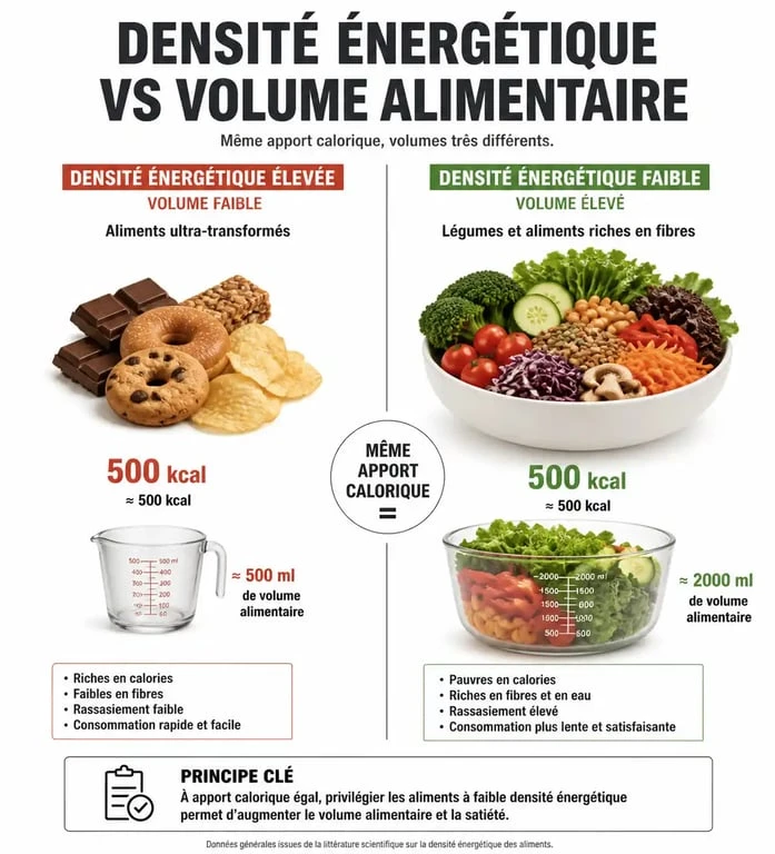 Infographie comparant la densité énergétique des aliments pour maigrir