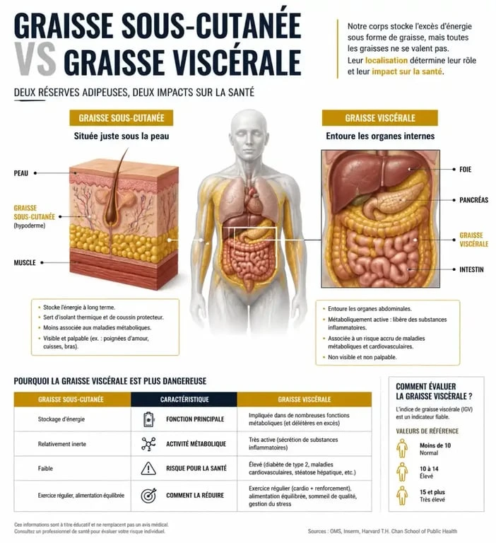 Schéma illustrant la différence entre graisse sous-cutanée et graisse viscérale pour maigrir du ventre