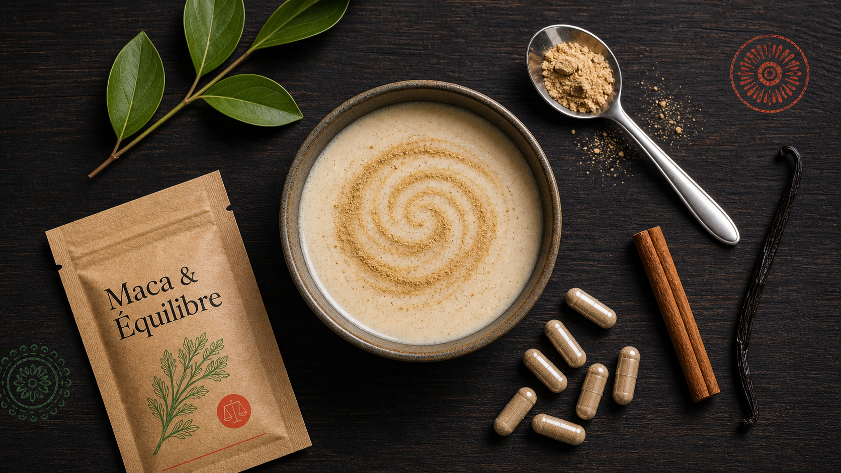 Maca pour femme : bienfaits hormonaux et énergie, poudre de maca sur table
