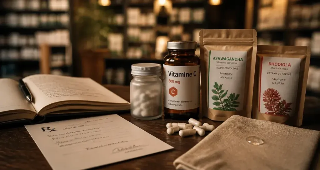 Medicament contre la fatigue : magnésium et vitamine C près d’une ordonnance