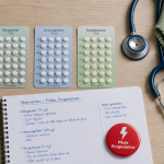 Pilule progestative avis, plaquettes, carnet et stéthoscope