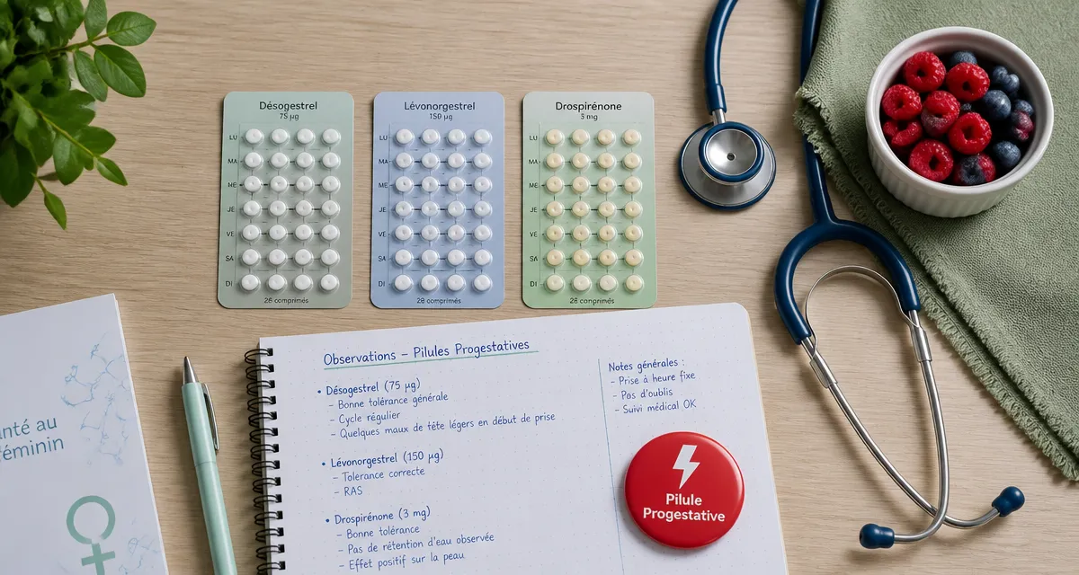 Pilule progestative avis, plaquettes, carnet et stéthoscope